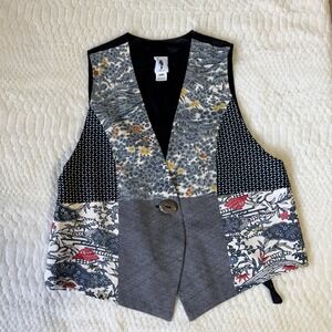 Yasuko‎ Kimono Silk Patchwork Vest Blue White Mixed Japanese Print Womens S/M